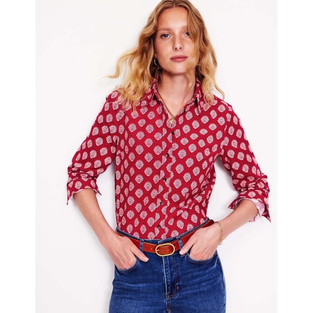 Boden Red Corduroy Shell Print Button Down Shirt Women US 8  Long Sleeve